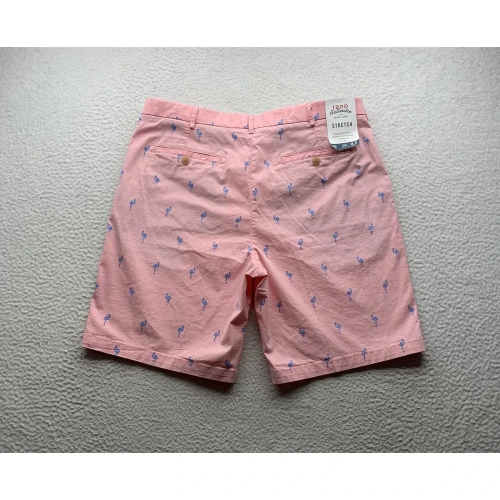 Izod Saltwater Shorts Mens 38x10 Pink Blue Allover Bird Print Preppy Stretch Dad
